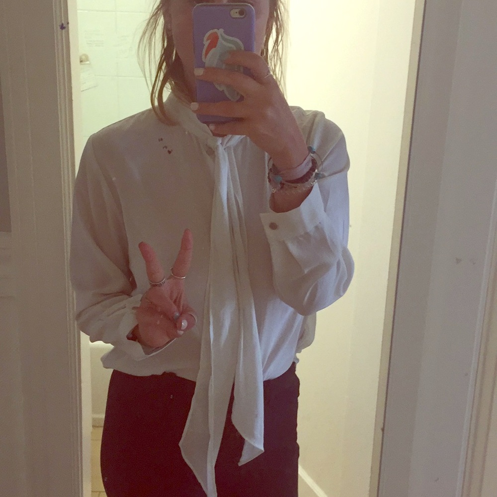 petite white long sleeve, collar tie